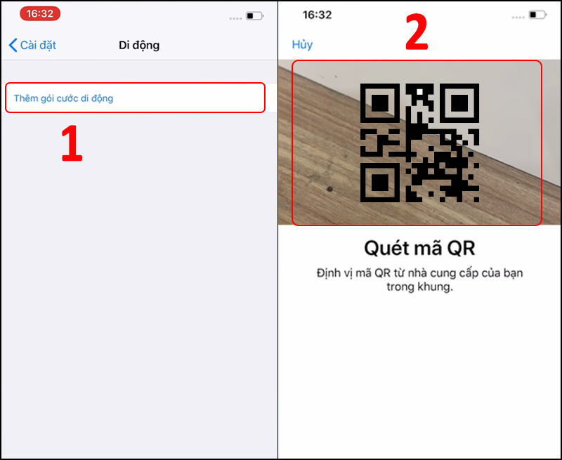 Bước 2: Chọn Thêm gói cước di động → quét mã QR được nhà mạng cung cấp.